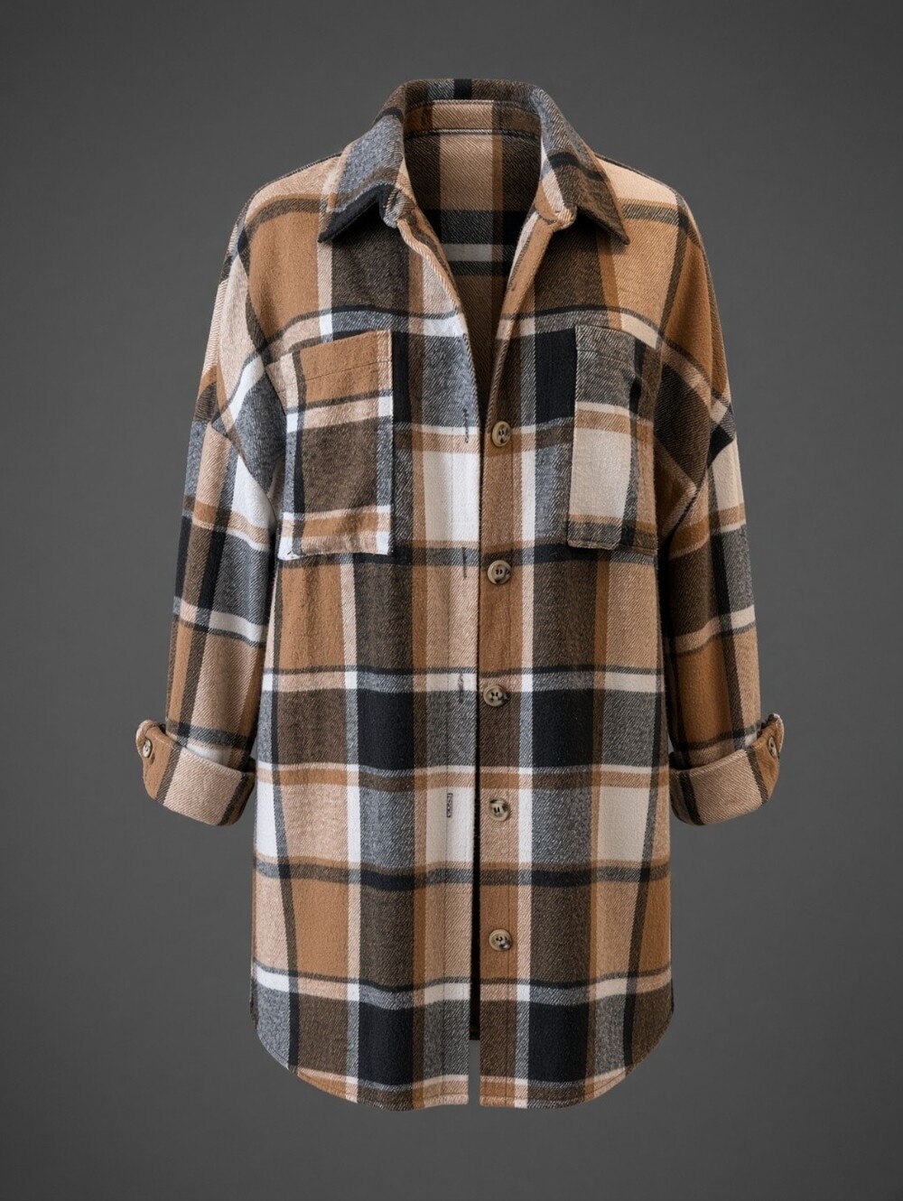 SHEIN Plaid Button-Down Shacket in Brown, Black and Cream